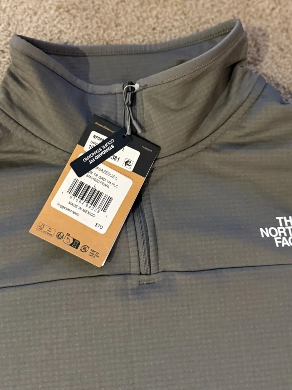 The North Face Cedar Trail Grid Fleece Quarter Zip Smoked Pearl Mens Large NWT